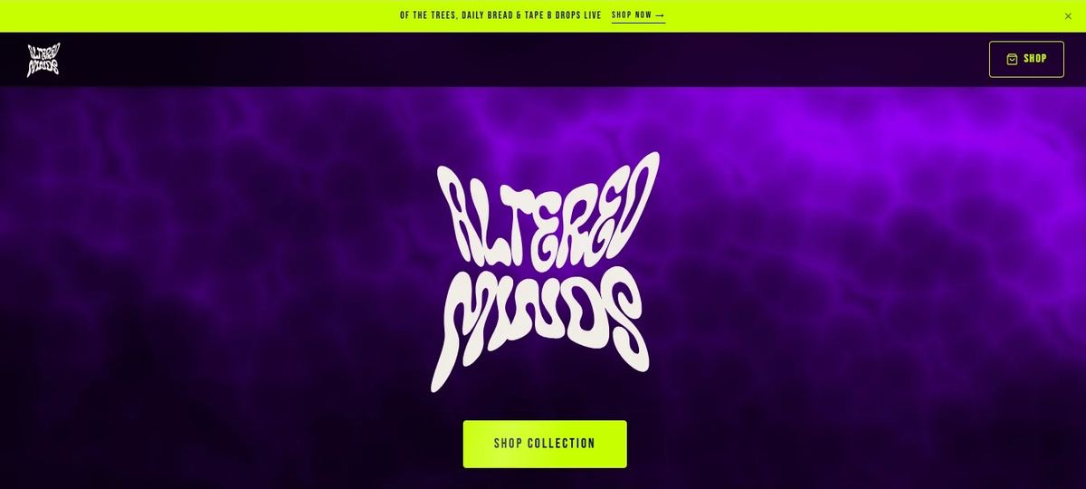 Altered Minds Apparel website homepage